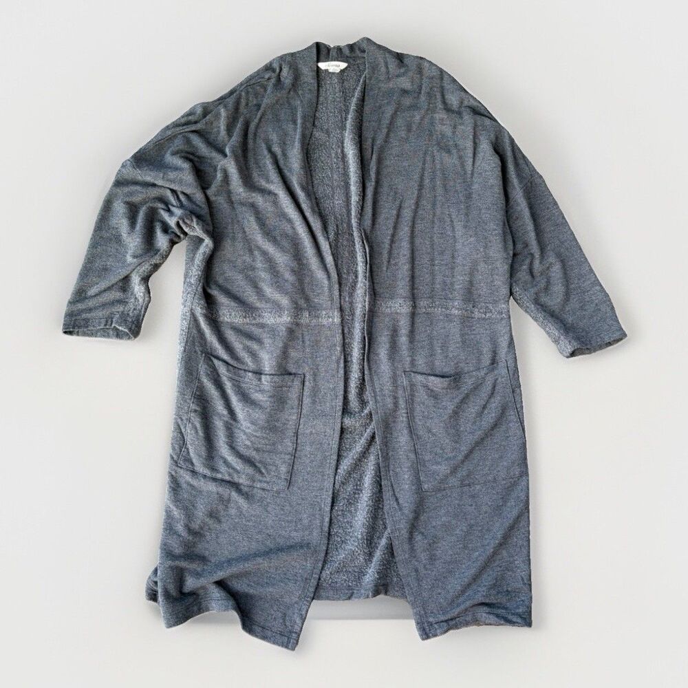 Soma Ultrasoft Fleece Cardigan Duster L Blue Gray Open Pockets Loungewear Robe